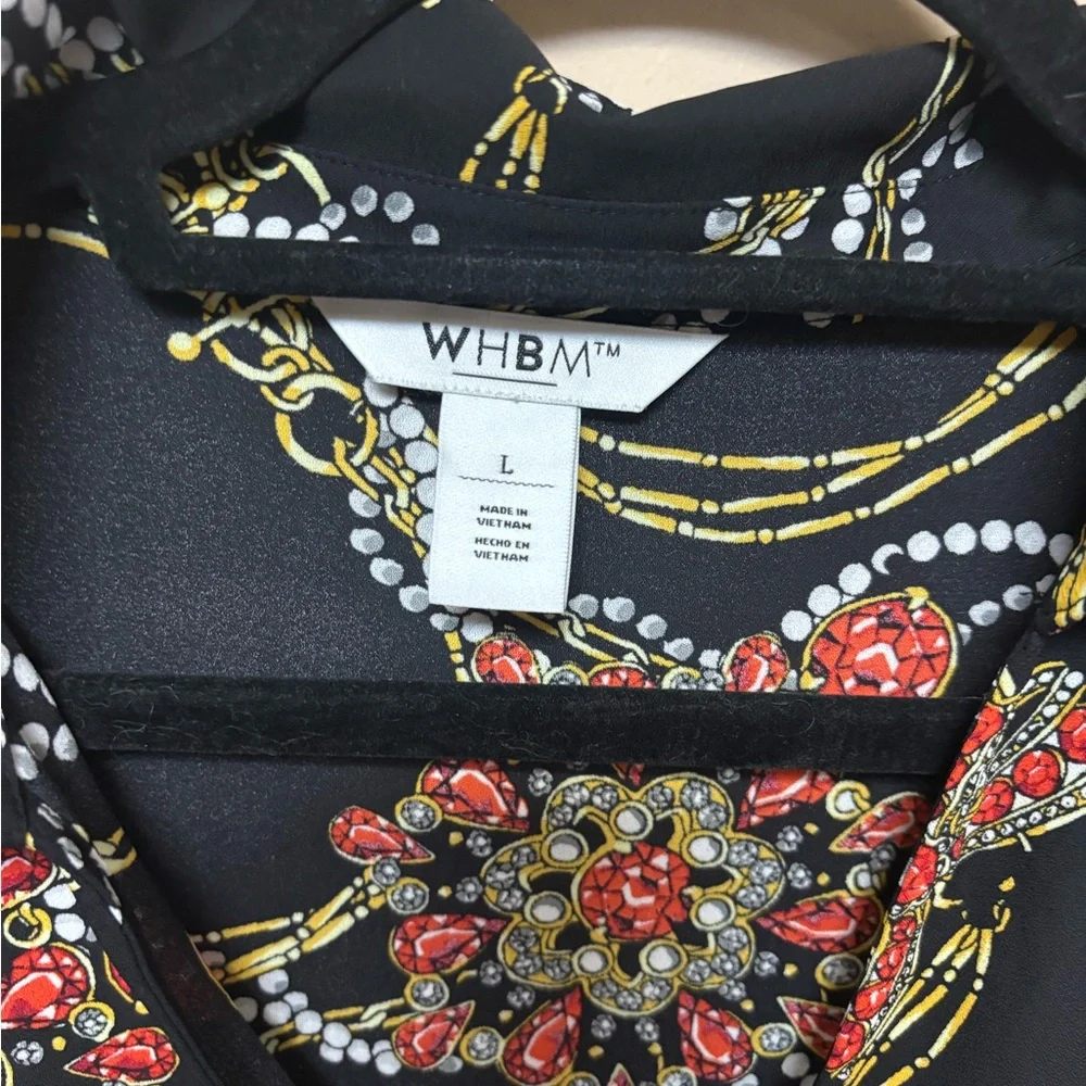 White House Black Market Black Sheer Blouse with Red Floral & Gold Chain Print - Picture 2 of 4
